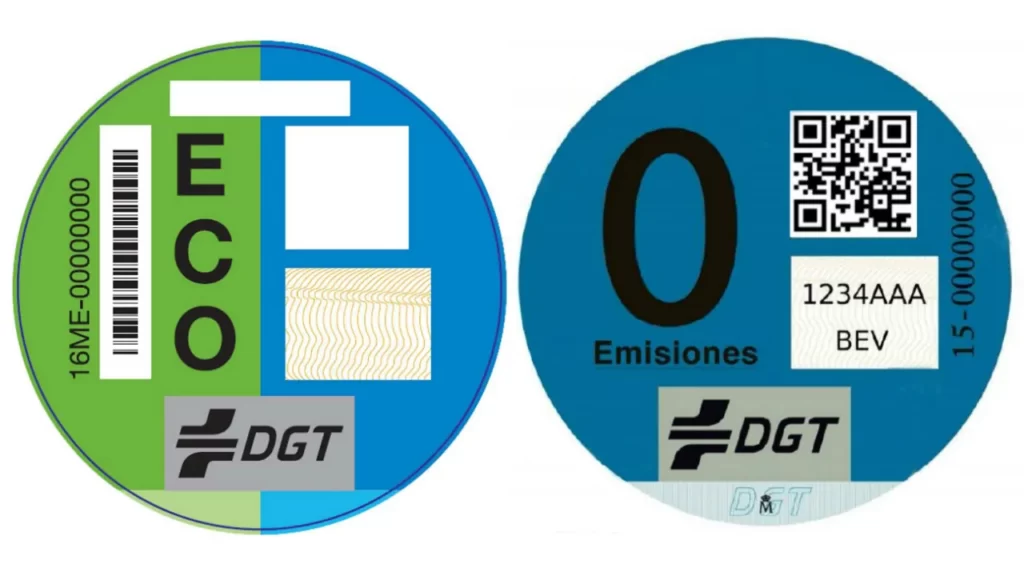 etiquetas eco y 0 para vehículos híbridos y eléctricos.